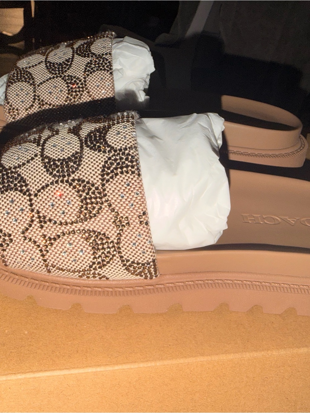 Coach Signature Crystal-Embellished Slide Sandals in Tan and Brown